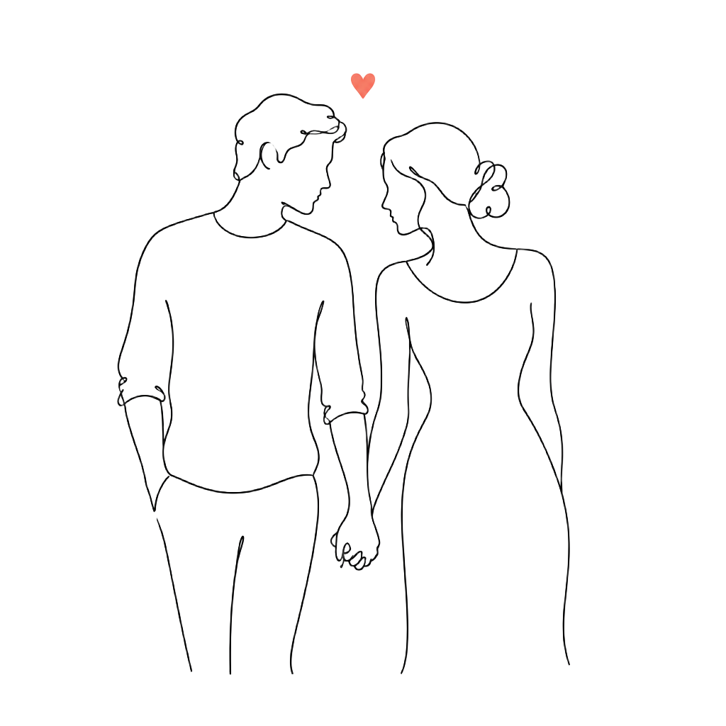 Continuous line drawing of a couple holding hands, with a small coral heart above them