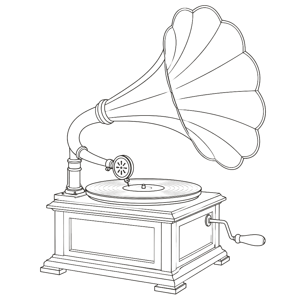Line drawing of an antique horn gramophone